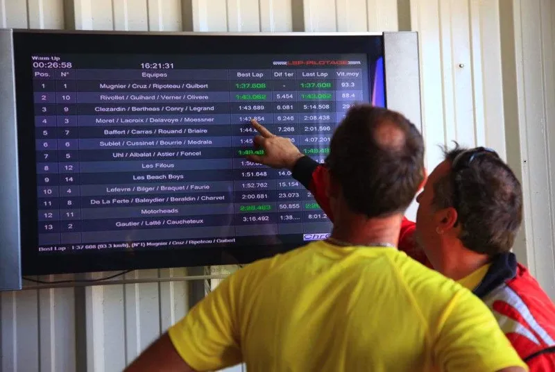 Pilotes devant l'écran des chronos
